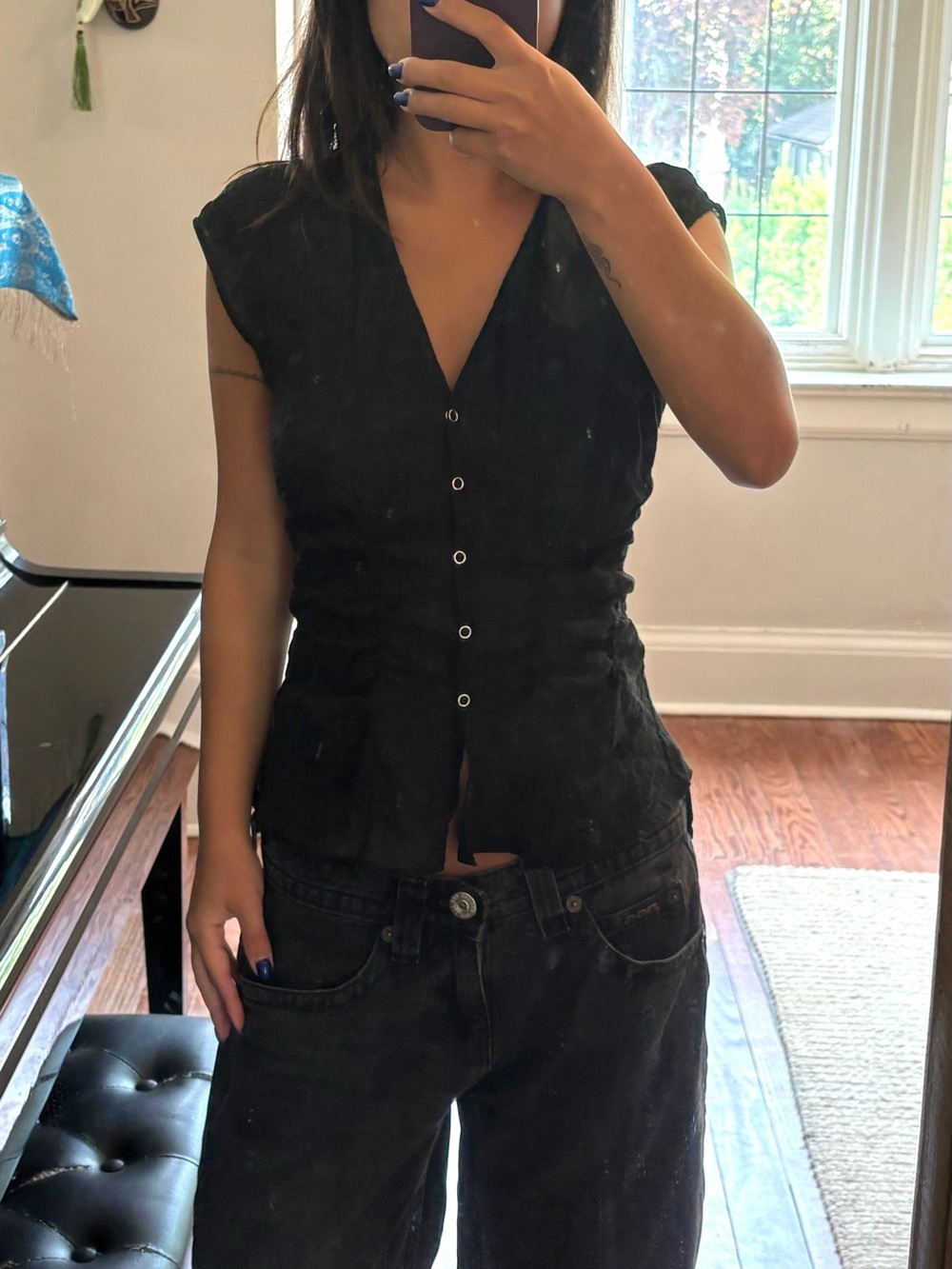 Weekday Black Button Front Cap Sleeve T shirt Top